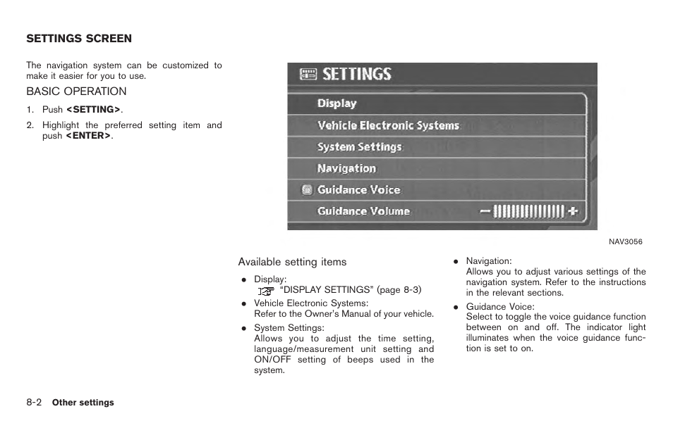 Settings screen -2, Basic operation -2 | NISSAN 2011 Titan - Navigation System Owner's Manual User Manual | Page 194 / 251