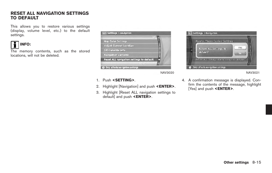 Reset all navigation settings to default -15 | NISSAN 2011 Titan - Navigation System Owner's Manual User Manual | Page 207 / 251
