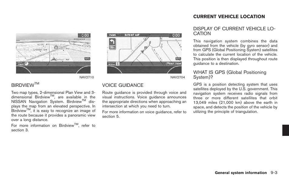 Birdview, Voice guidance -3, Current vehicle location -3 | NISSAN 2011 Titan - Navigation System Owner's Manual User Manual | Page 211 / 251