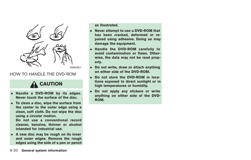 How to handle the dvd-rom -20, Caution | NISSAN 2011 Titan - Navigation System Owner's Manual User Manual | Page 228 / 251