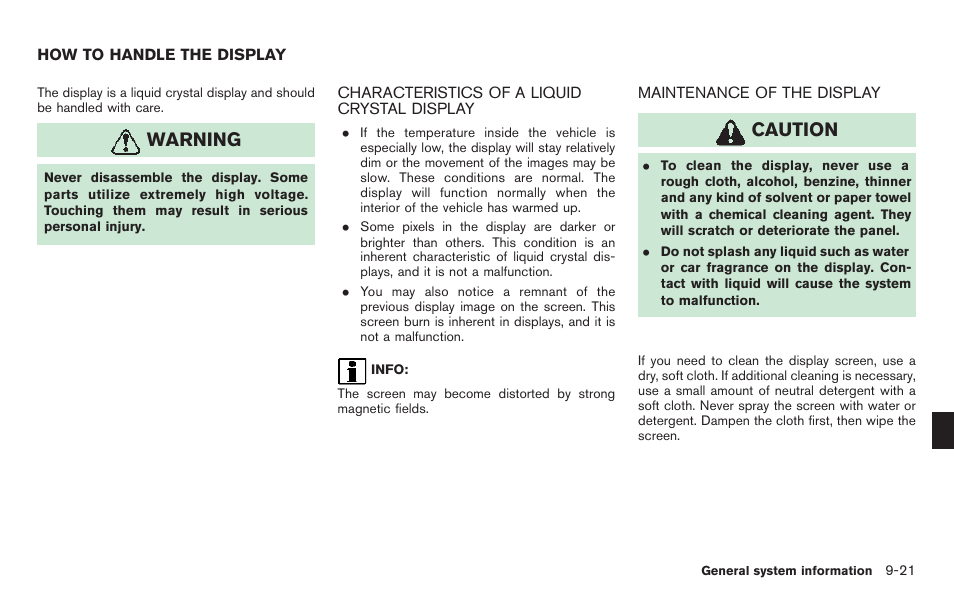 How to handle the display -21, Warning, Caution | NISSAN 2011 Titan - Navigation System Owner's Manual User Manual | Page 229 / 251