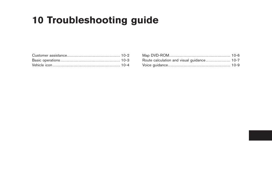 Troubleshooting guide, 10 troubleshooting guide | NISSAN 2011 Titan - Navigation System Owner's Manual User Manual | Page 231 / 251