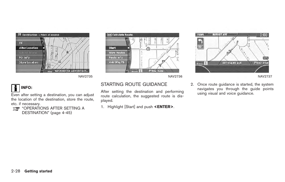 Starting route guidance -28 | NISSAN 2011 Titan - Navigation System Owner's Manual User Manual | Page 36 / 251