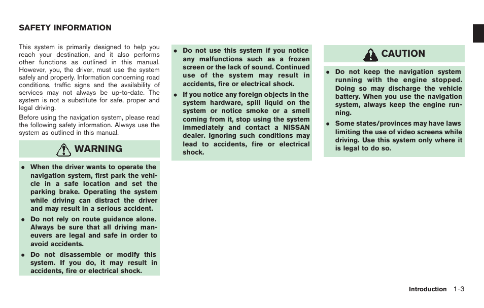 Safety information -3, Warning, Caution | NISSAN 2011 Titan - Navigation System Owner's Manual User Manual | Page 7 / 251