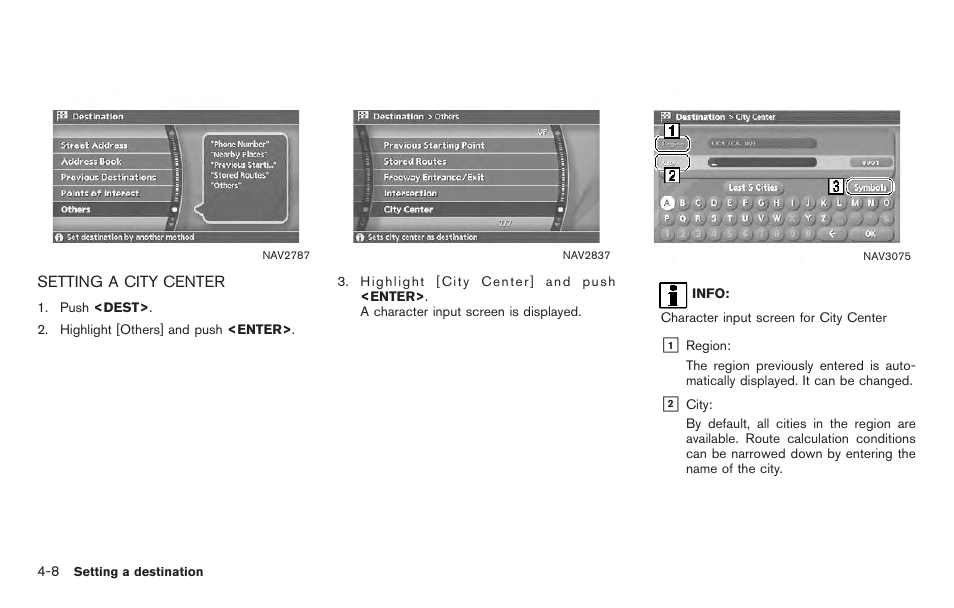 Setting a city center -8 | NISSAN 2011 Titan - Navigation System Owner's Manual User Manual | Page 76 / 251