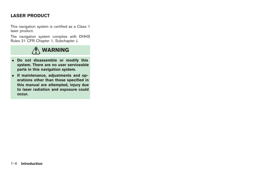 Laser product -4, Warning | NISSAN 2011 Titan - Navigation System Owner's Manual User Manual | Page 8 / 251
