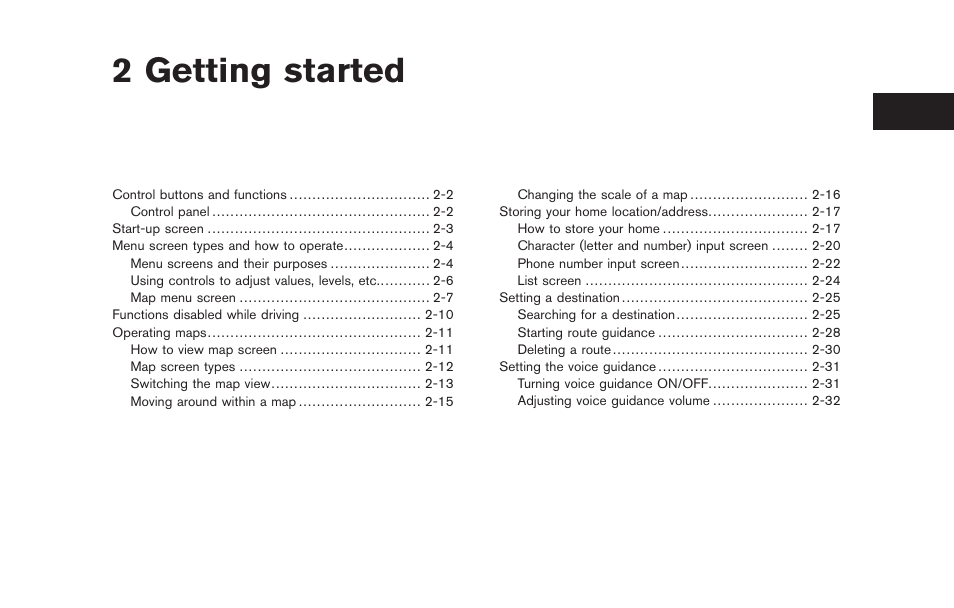 Getting started, 2 getting started | NISSAN 2011 Titan - Navigation System Owner's Manual User Manual | Page 9 / 251