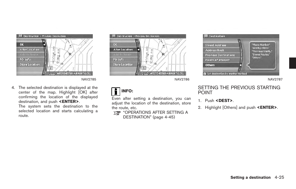 Setting the previous starting point -25 | NISSAN 2011 Titan - Navigation System Owner's Manual User Manual | Page 93 / 251