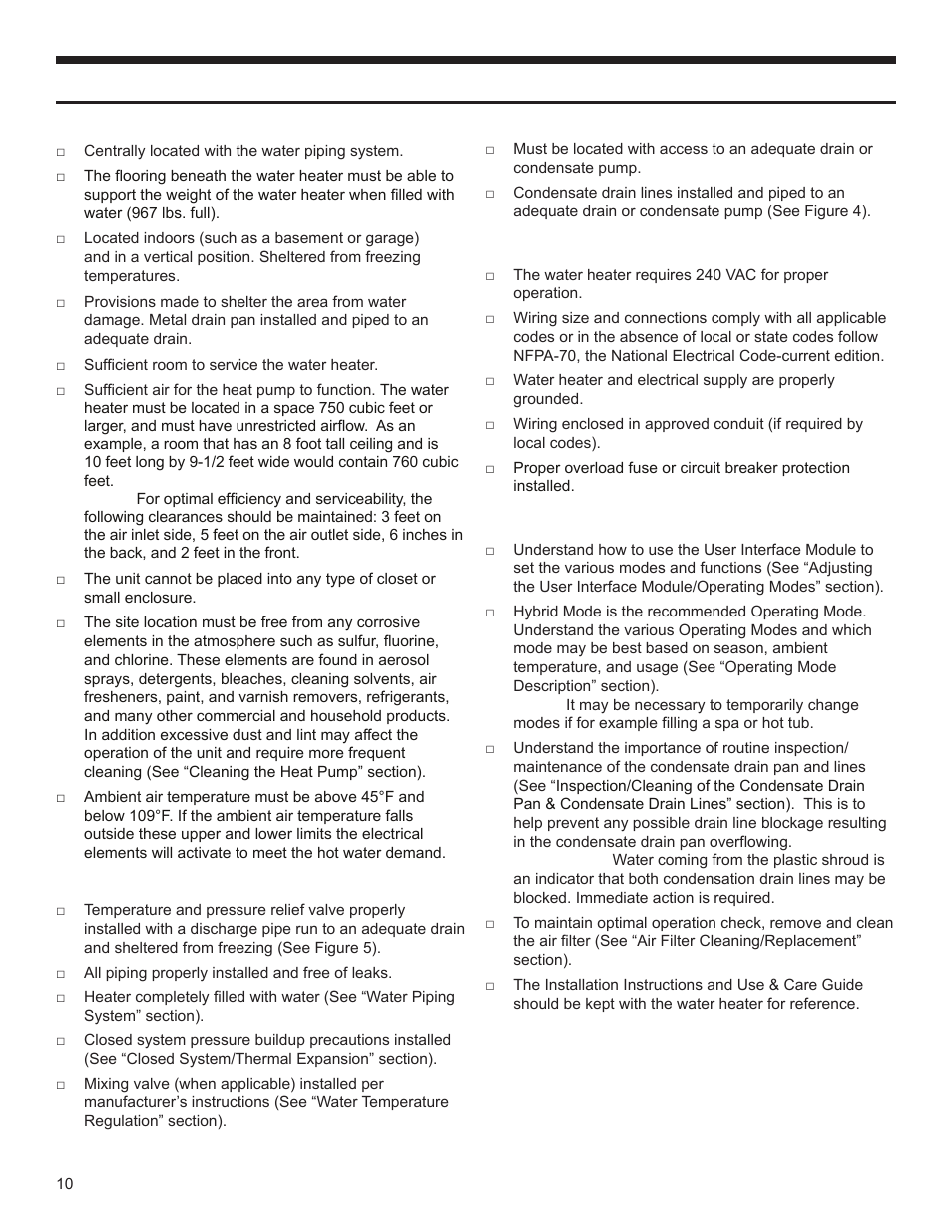 Installation checklist, Water heater location, Water system piping | Condensate drain line installation, Electrical connections, Post installation review | Univex EPX-80DHPT User Manual | Page 10 / 20