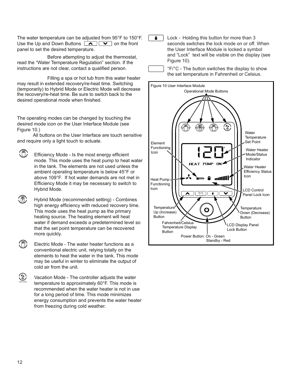 Water temperature adjustment, Operating mode descriptions, Other controls | Univex EPX-80DHPT User Manual | Page 12 / 20
