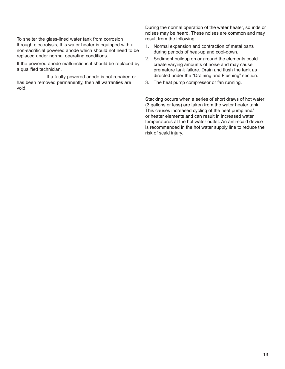 Operational conditions, Powered anode operation, Water heater sounds | Stacking | Univex EPX-80DHPT User Manual | Page 13 / 20