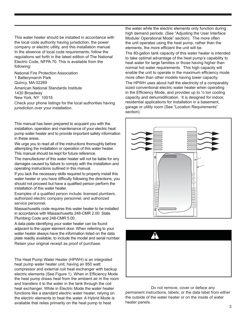 Installing your water heater, Warning, Consumer information | Consumer responsibilities, Basic operation fundamentals, Unpacking the water heater, Removing packaging materials | Univex EPX-80DHPT User Manual | Page 3 / 20