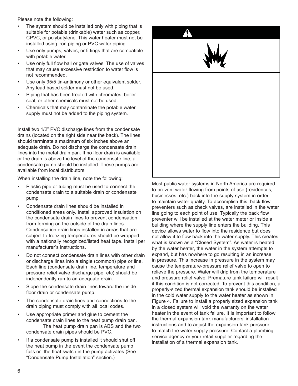 Warning, Condensate drain line installation, Closed system/thermal expansion | Univex EPX-80DHPT User Manual | Page 6 / 20