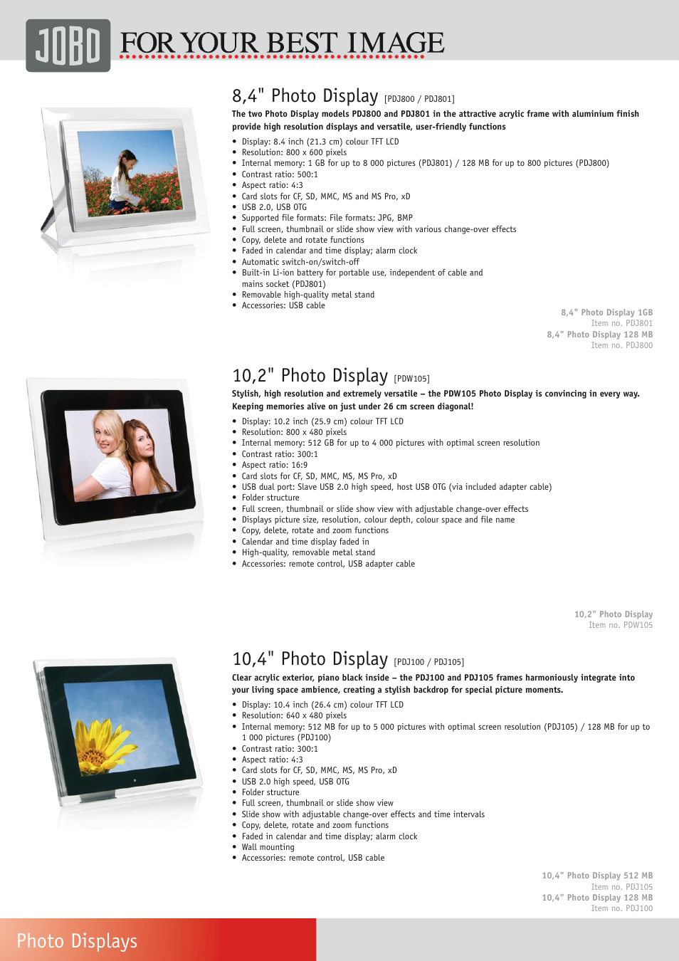 Photo displays, 10,2" photo display, 8,4" photo display | 10,4" photo display | Univex Photo Frame User Manual | Page 6 / 12