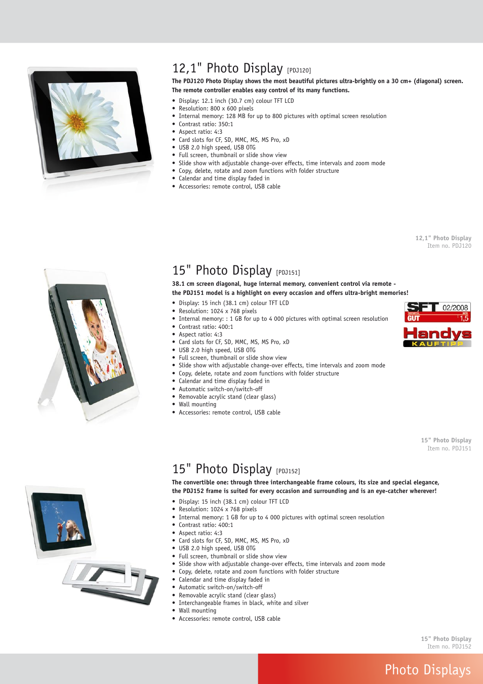 Photo displays, 12,1" photo display, 15" photo display | Univex Photo Frame User Manual | Page 7 / 12