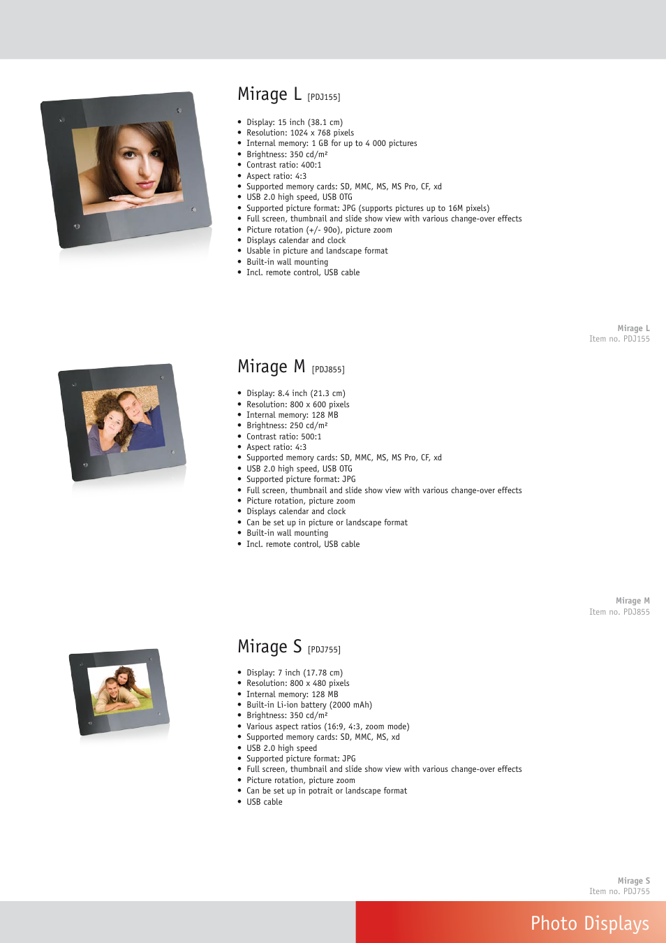 Photo displays, Mirage l, Mirage s | Mirage m | Univex Photo Frame User Manual | Page 9 / 12