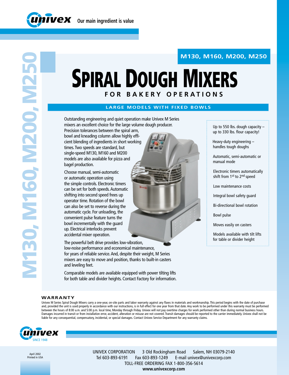 Univex M200 User Manual | 2 pages