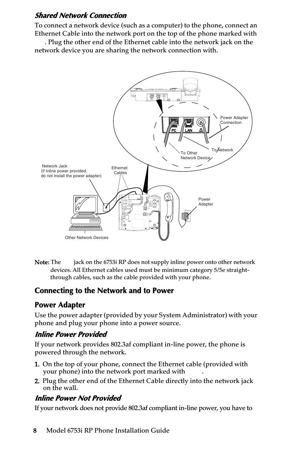 Shared network connection, Connecting to the network and to power, Power adapter | Inline power provided, Inline power not provided, Installation and setup | Univex 6753i User Manual | Page 14 / 40