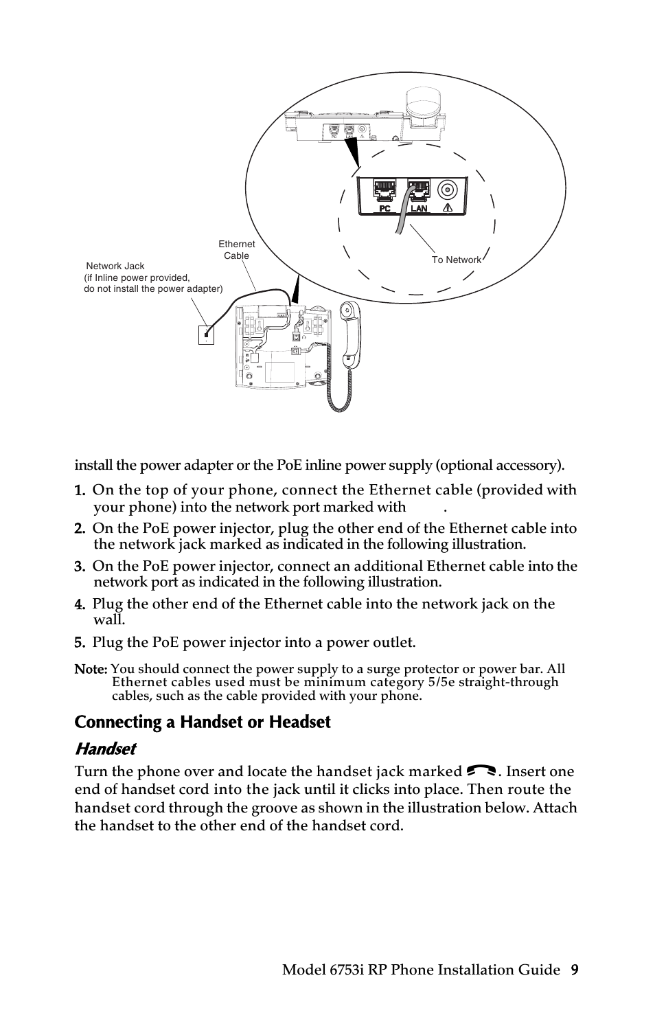 Connecting a handset or headset, Handset, Installation and setup | Connecting a handset or headset handset | Univex 6753i User Manual | Page 15 / 40