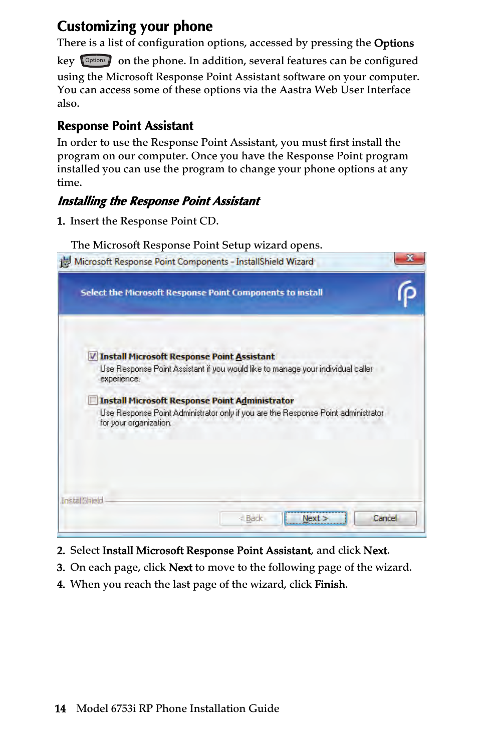 Customizing your phone, Response point assistant, Installing the response point assistant | Customizing your, Phone | Univex 6753i User Manual | Page 20 / 40