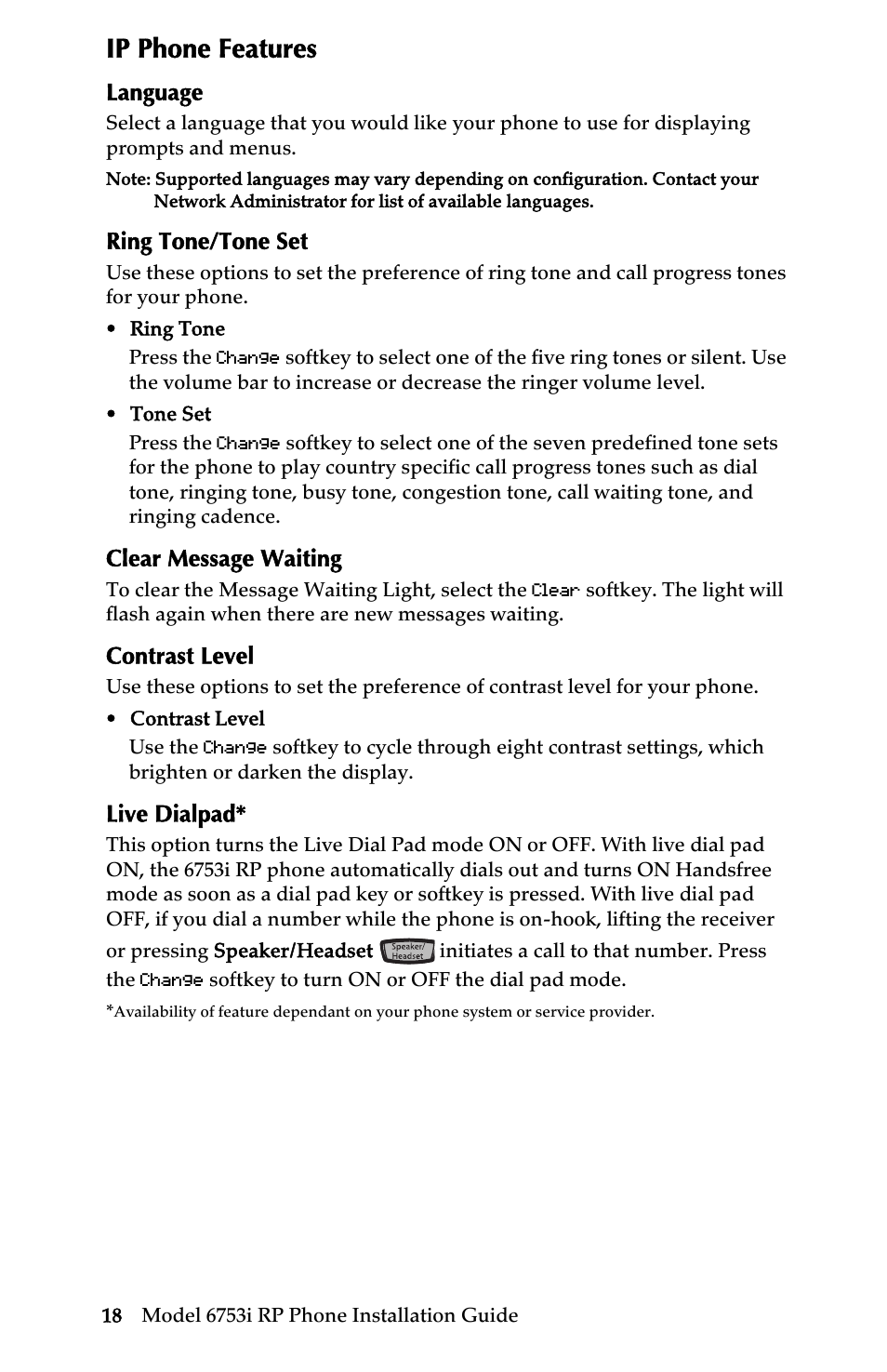 Ip phone features, Language, Ring tone/tone set | Clear message waiting, Contrast level, Live dialpad | Univex 6753i User Manual | Page 24 / 40