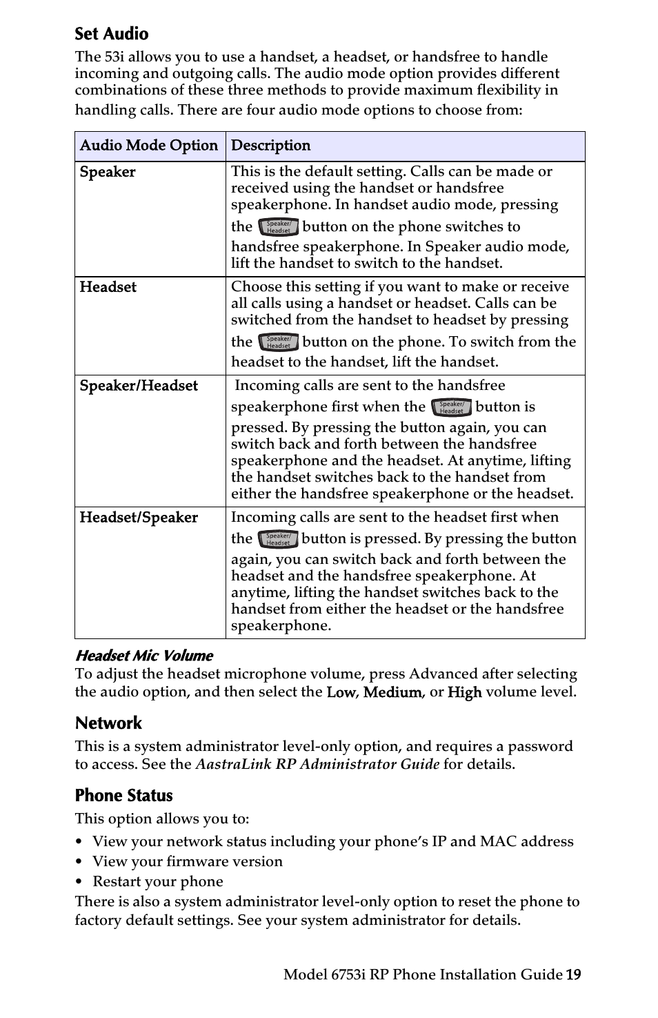 Set audio, Network, Phone status | Set audio network phone status, Ip phone features | Univex 6753i User Manual | Page 25 / 40