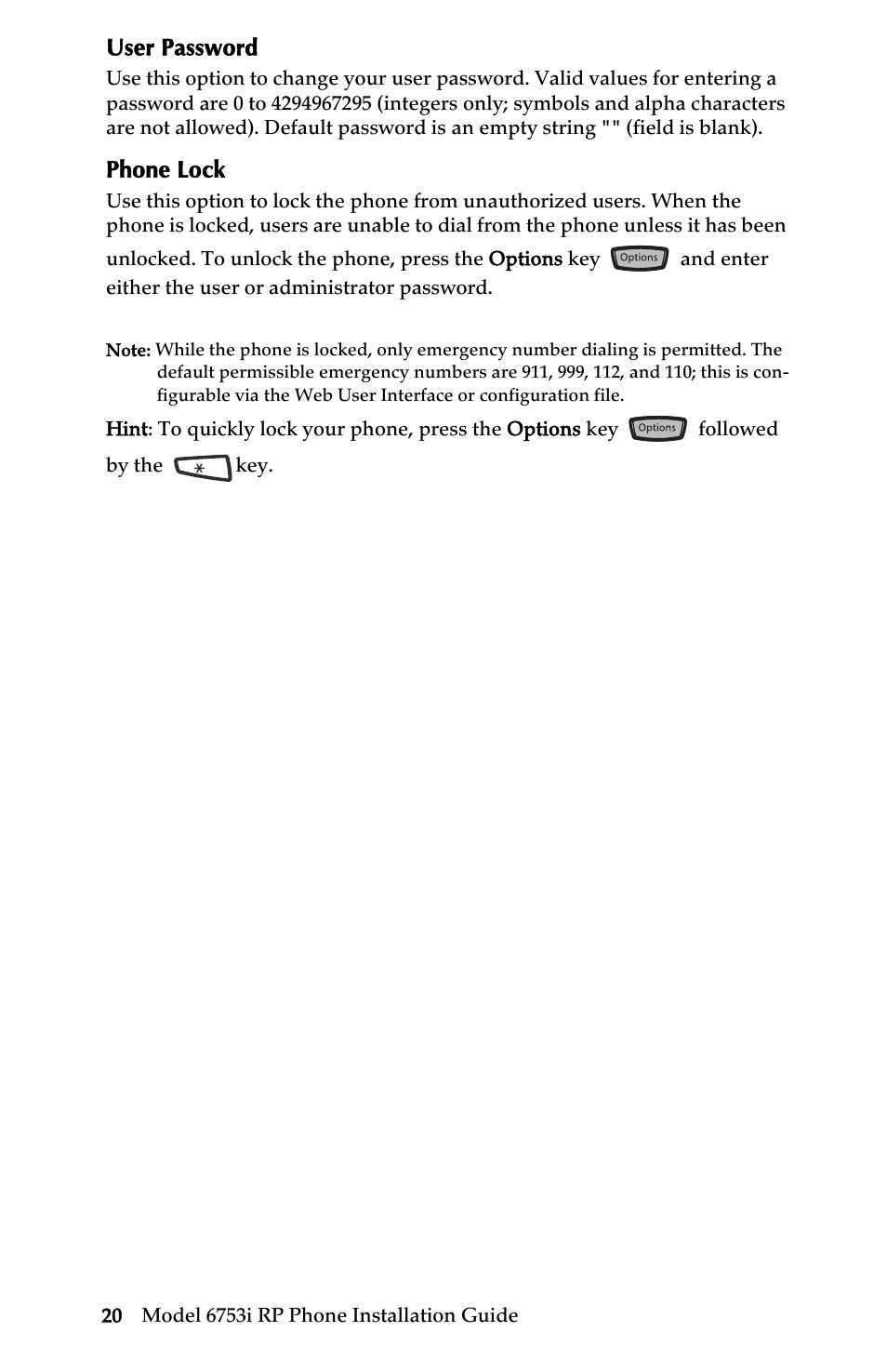 User password, Phone lock, User password phone lock | Ip phone features | Univex 6753i User Manual | Page 26 / 40
