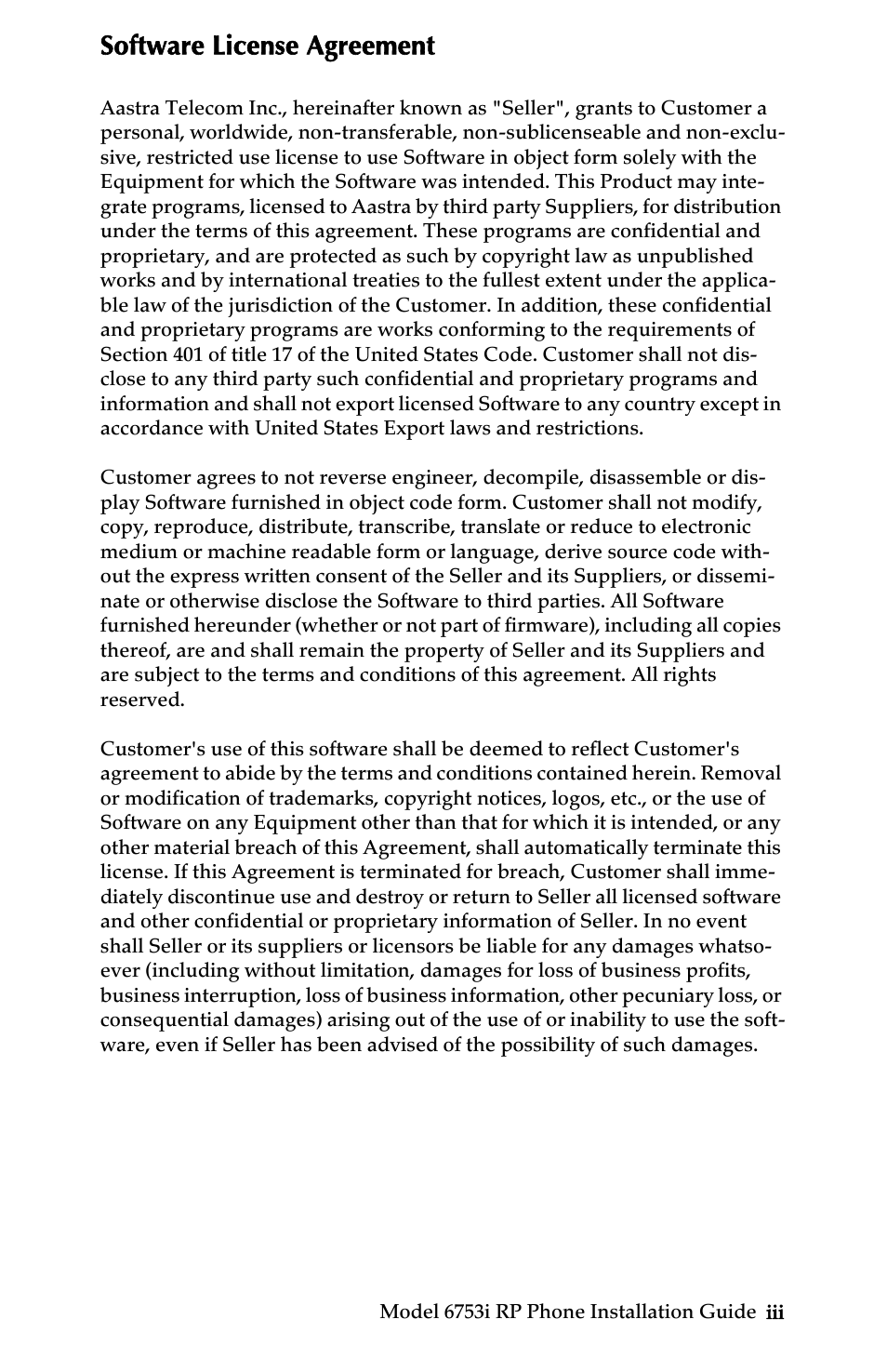 Software license agreement | Univex 6753i User Manual | Page 3 / 40