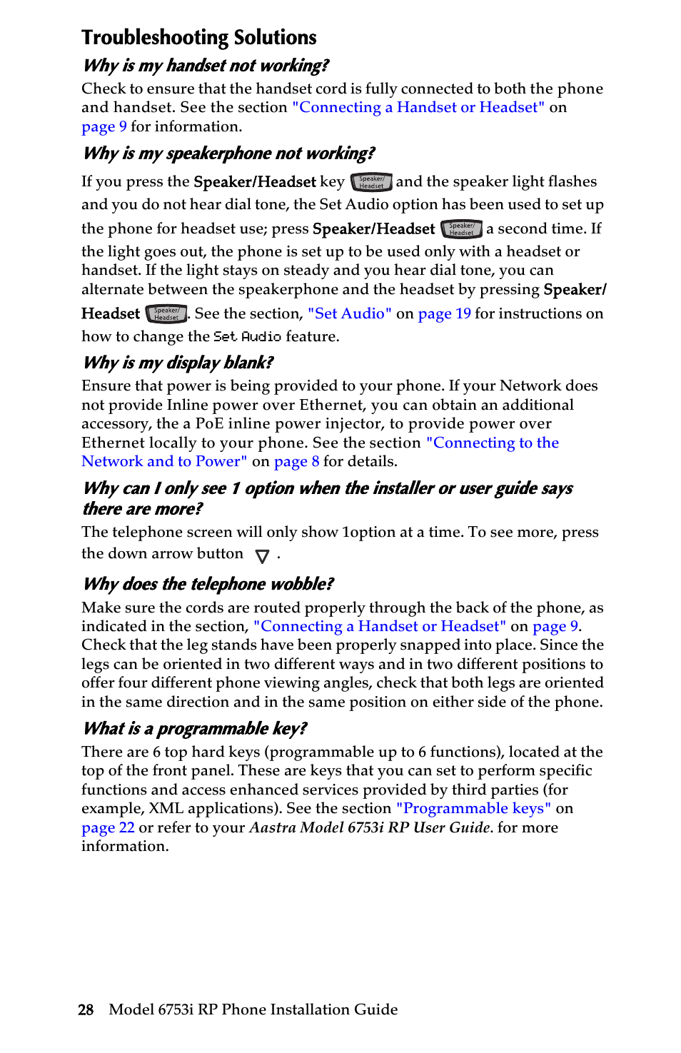 Troubleshooting solutions, Why is my handset not working, Why is my speakerphone not working | Why is my display blank, Why does the telephone wobble, What is a programmable key | Univex 6753i User Manual | Page 34 / 40