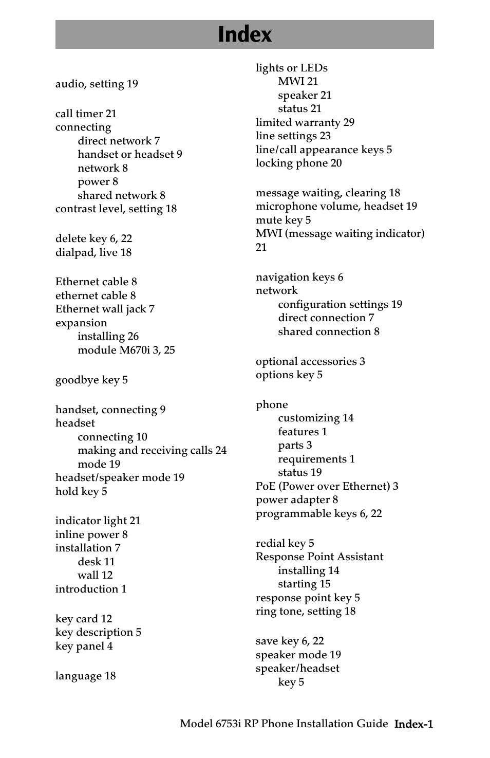 Index | Univex 6753i User Manual | Page 37 / 40