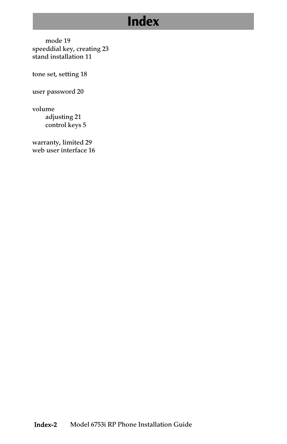Index | Univex 6753i User Manual | Page 38 / 40