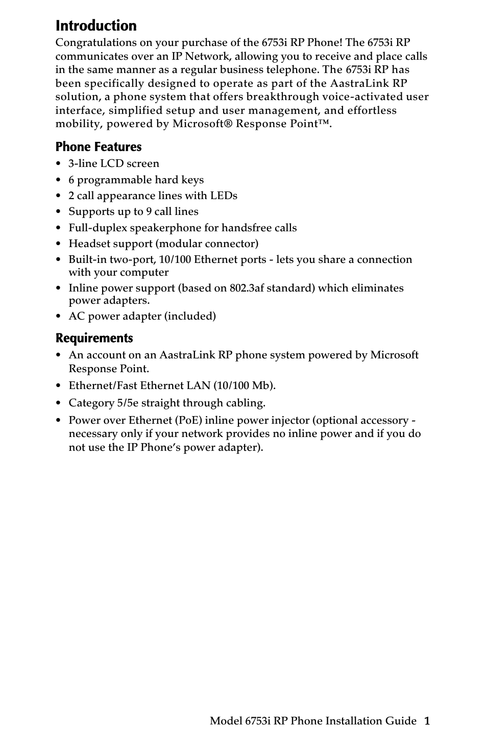 Introduction, Phone features, Requirements | Phone features requirements | Univex 6753i User Manual | Page 7 / 40