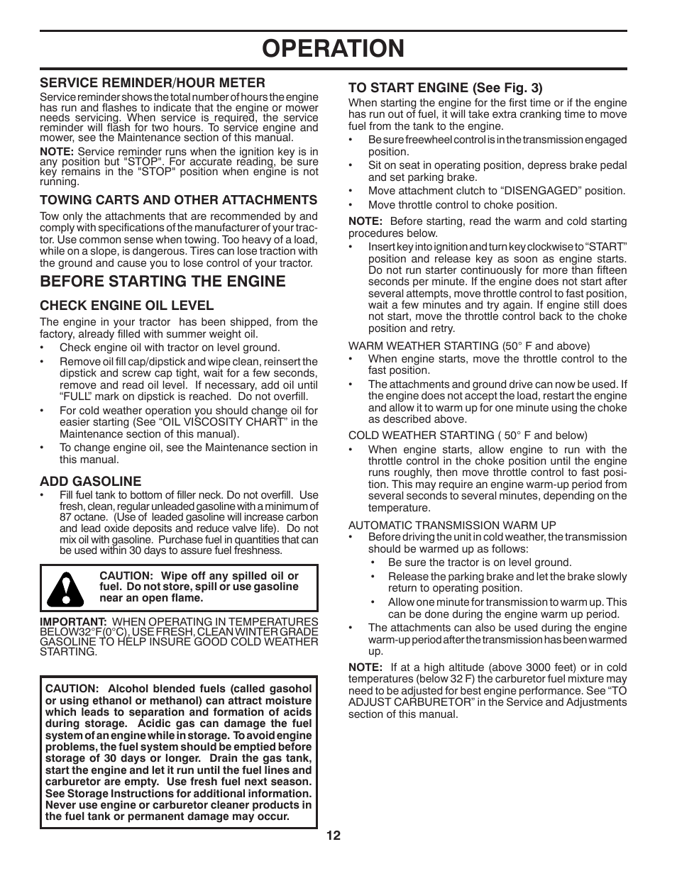 Operation, Before starting the engine | Univex 96043004400 User Manual | Page 12 / 48