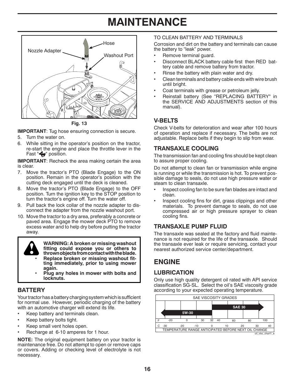 Maintenance, Engine, V-belts | Transaxle cooling, Transaxle pump fluid, Lubrication, Battery | Univex 96043004400 User Manual | Page 16 / 48