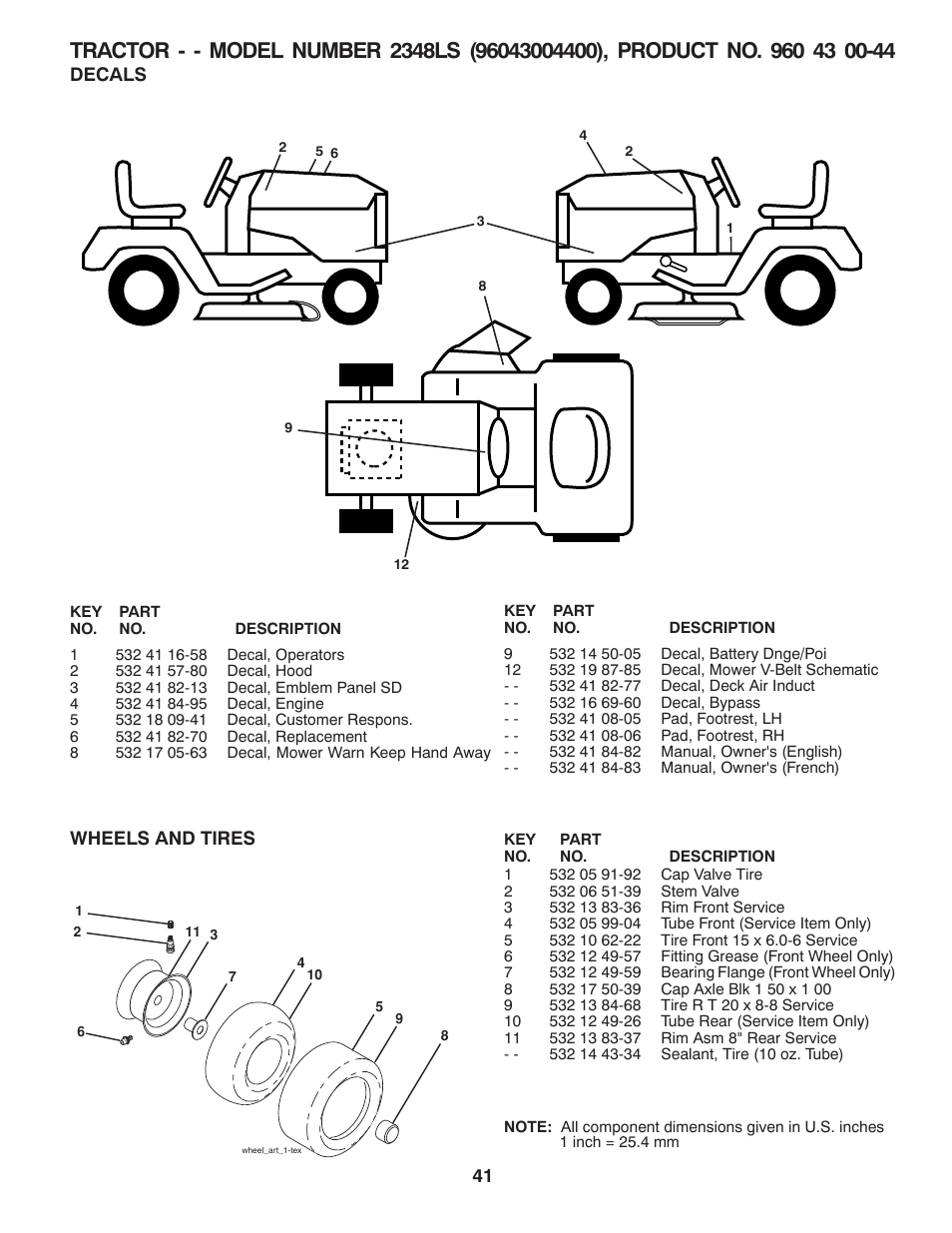 Decals, Wheels and tires | Univex 96043004400 User Manual | Page 41 / 48