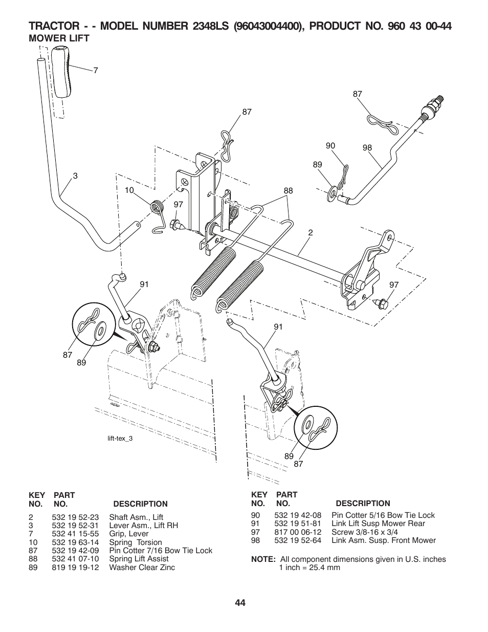 Mower lift | Univex 96043004400 User Manual | Page 44 / 48
