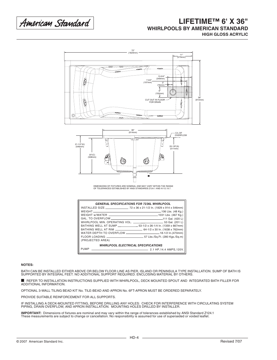 Lifetime_whirlpool-specs 4, Lifetime™ 6' x 36, Whirlpools by american standard | High gloss acrylic | Univex Lifetime 7236L User Manual | Page 2 / 2