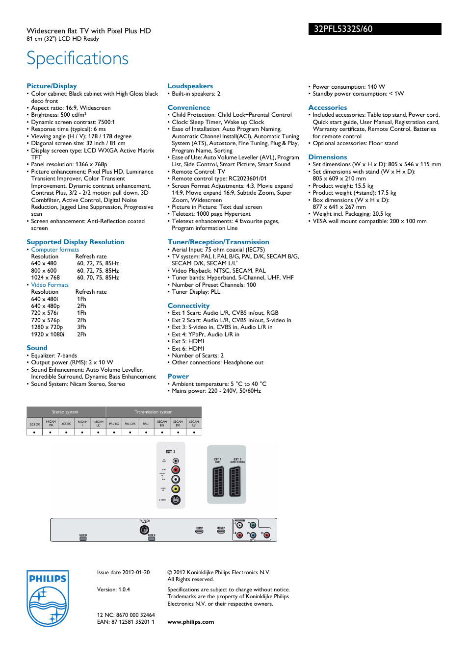 Specifications | Univex 32PFL5332S User Manual | Page 3 / 3