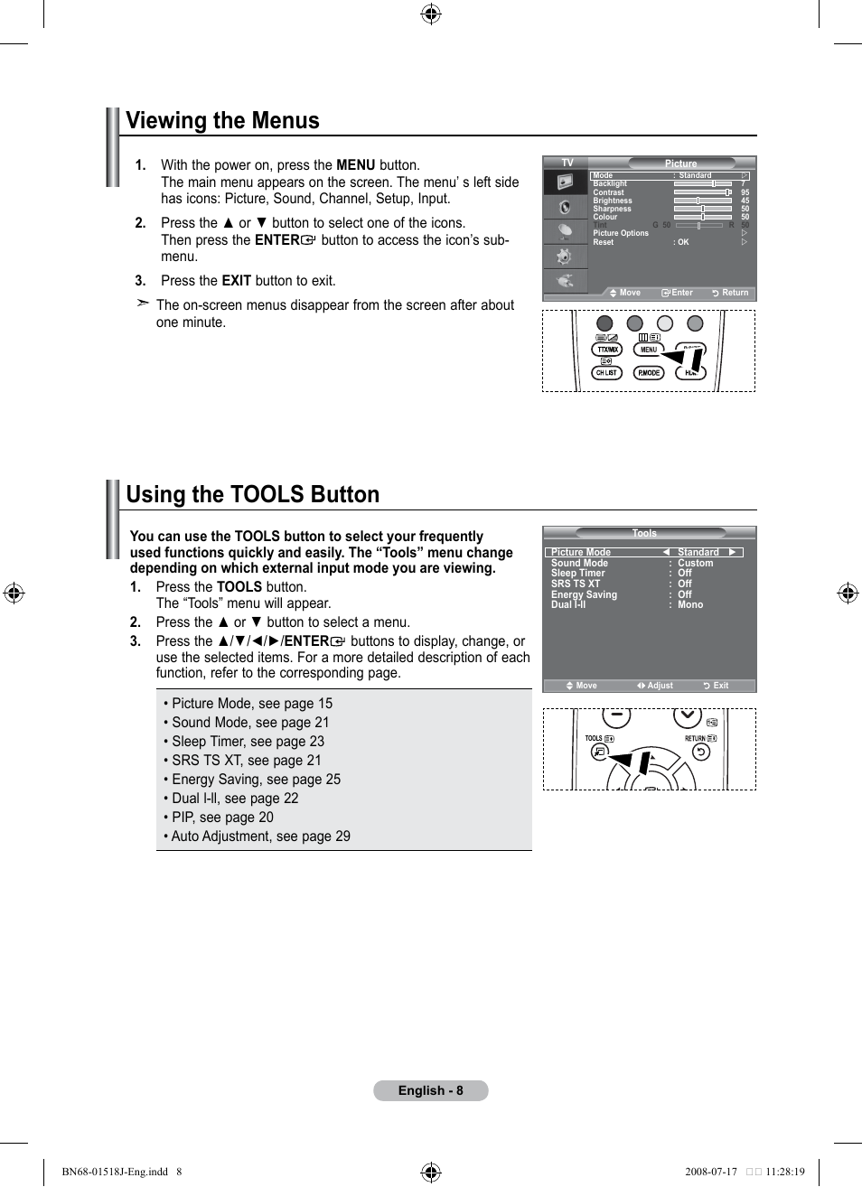 Viewing the menus, Using the tools button, Viewing the menus using the tools button | Univex LCD TV User Manual | Page 10 / 36