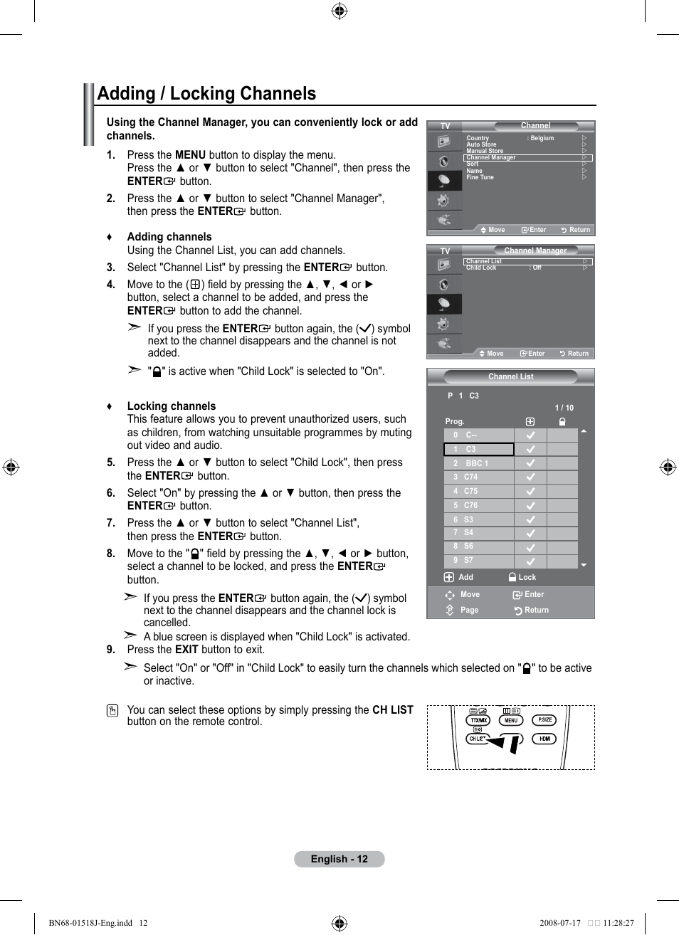 Adding / locking channels | Univex LCD TV User Manual | Page 14 / 36