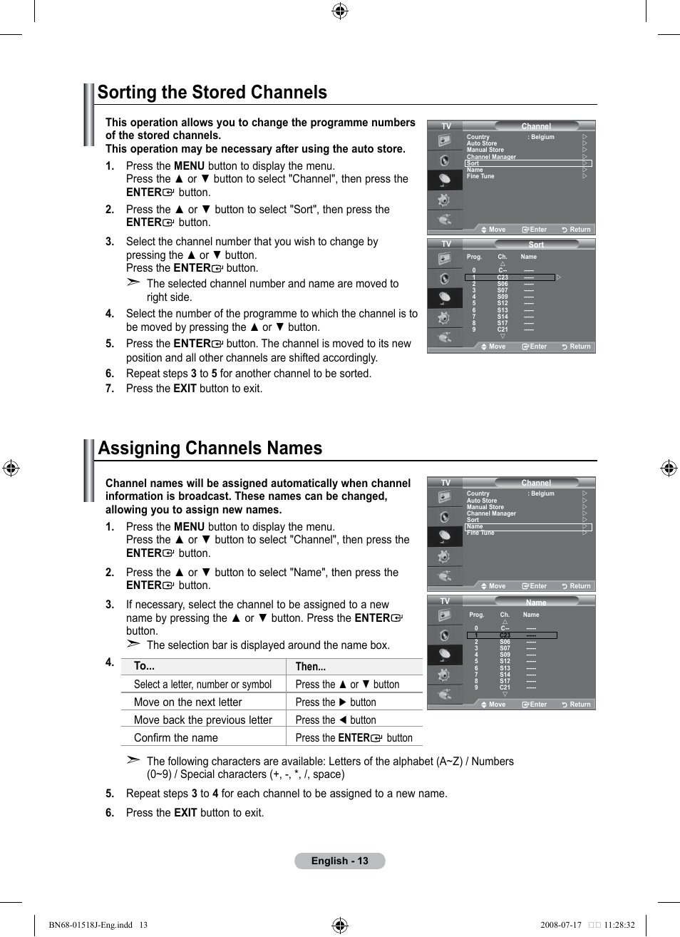 Sorting the stored channels, Assigning channels names | Univex LCD TV User Manual | Page 15 / 36