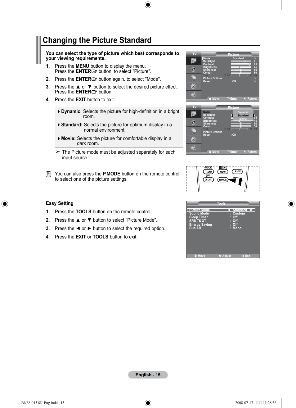 Setting the picture, Changing the picture standard | Univex LCD TV User Manual | Page 17 / 36
