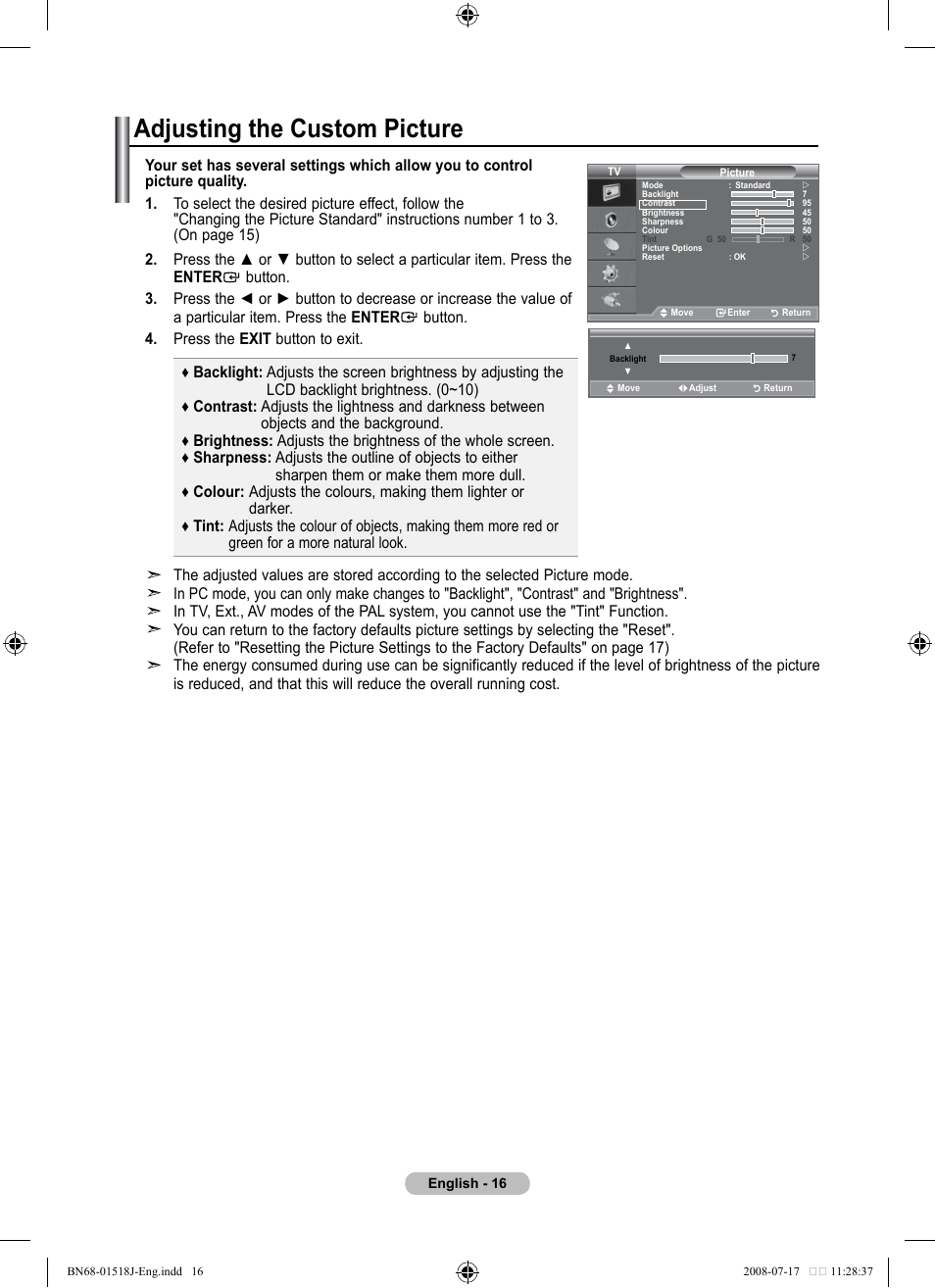 Adjusting the custom picture | Univex LCD TV User Manual | Page 18 / 36