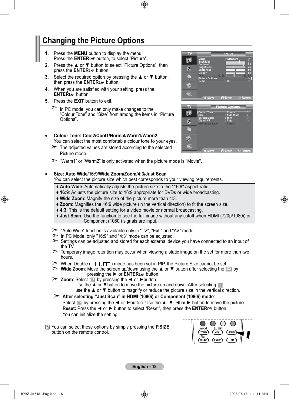 Changing the picture options | Univex LCD TV User Manual | Page 20 / 36
