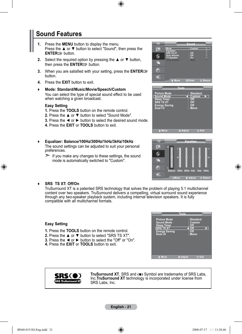 Setting the sound, Sound features | Univex LCD TV User Manual | Page 23 / 36