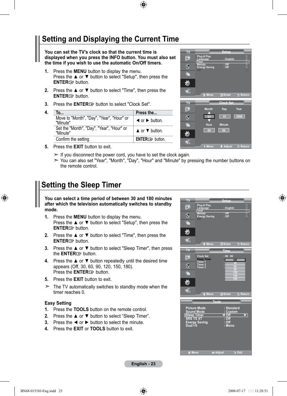 Setting the time, Setting and displaying the current time, Setting the sleep timer | Univex LCD TV User Manual | Page 25 / 36