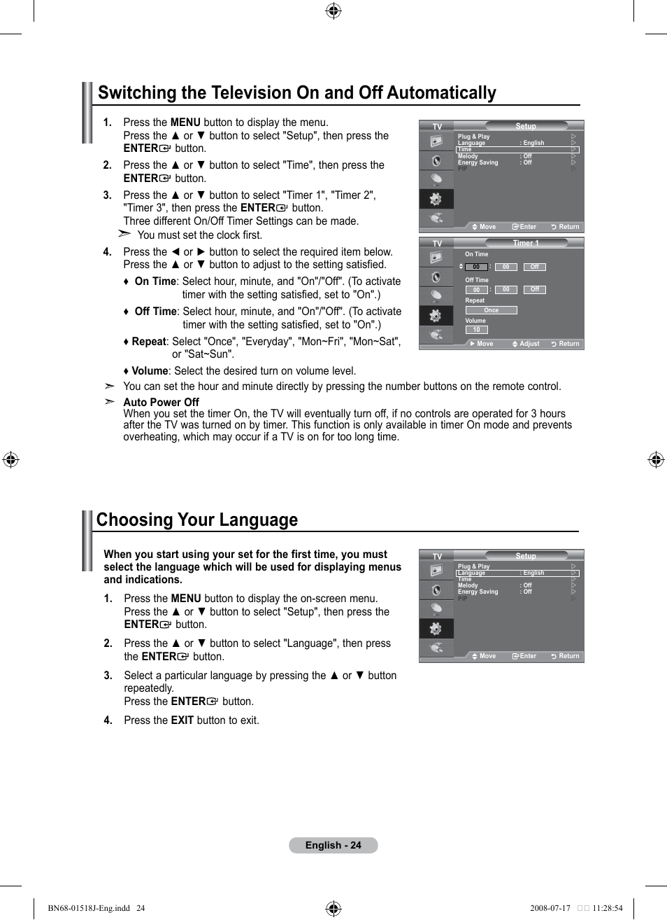Switching the television on and off automatically, Function description, Choosing your language | Univex LCD TV User Manual | Page 26 / 36