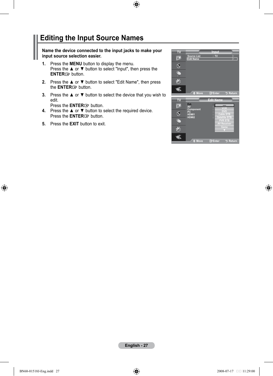 Editing the input source names | Univex LCD TV User Manual | Page 29 / 36