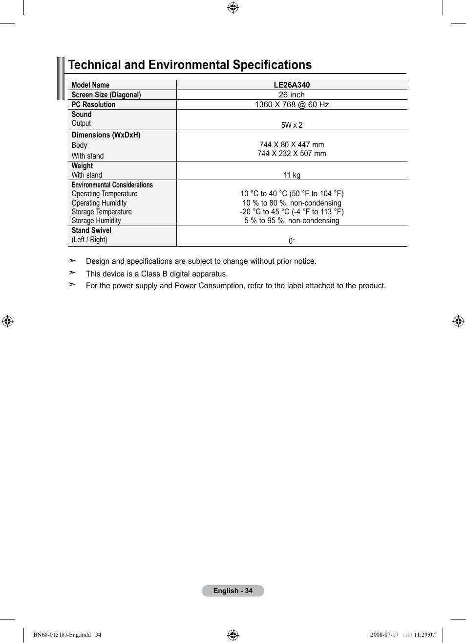 Technical and environmental specifications | Univex LCD TV User Manual | Page 36 / 36