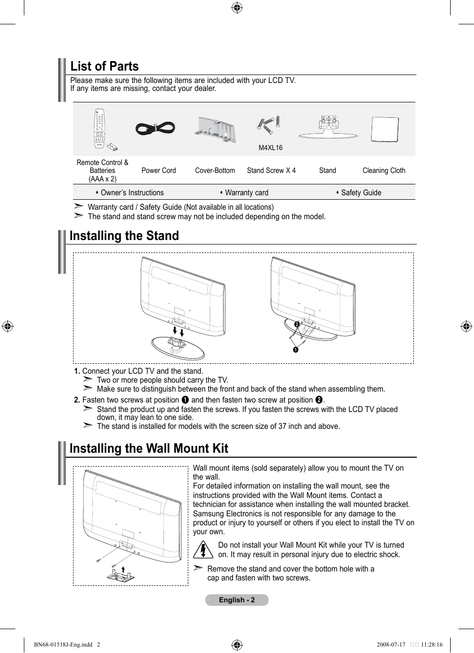 Conecting and preparing your tv, List of parts, Installing the stand | Installing the wall mount kit, Installing the stand installing the wall mount kit | Univex LCD TV User Manual | Page 4 / 36